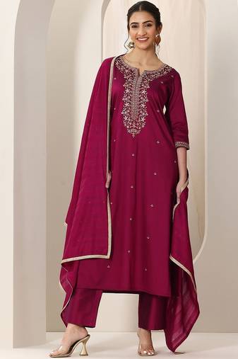 Ethnic Motifs Embroidered Straight Kurta With Trousers & Dupatta