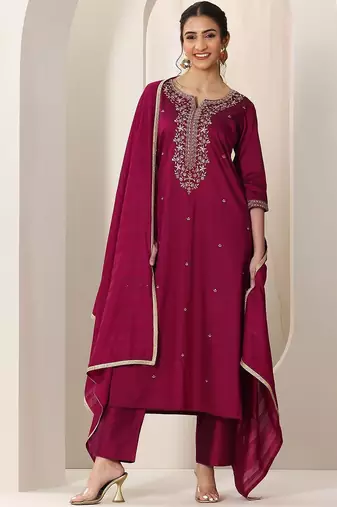 Ethnic Motifs Embroidered Straight Kurta With Trousers & Dupatta