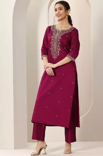 Ethnic Motifs Embroidered Straight Kurta With Trousers & Dupatta