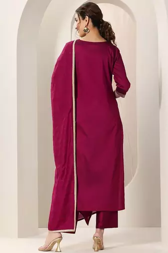 Ethnic Motifs Embroidered Straight Kurta With Trousers & Dupatta