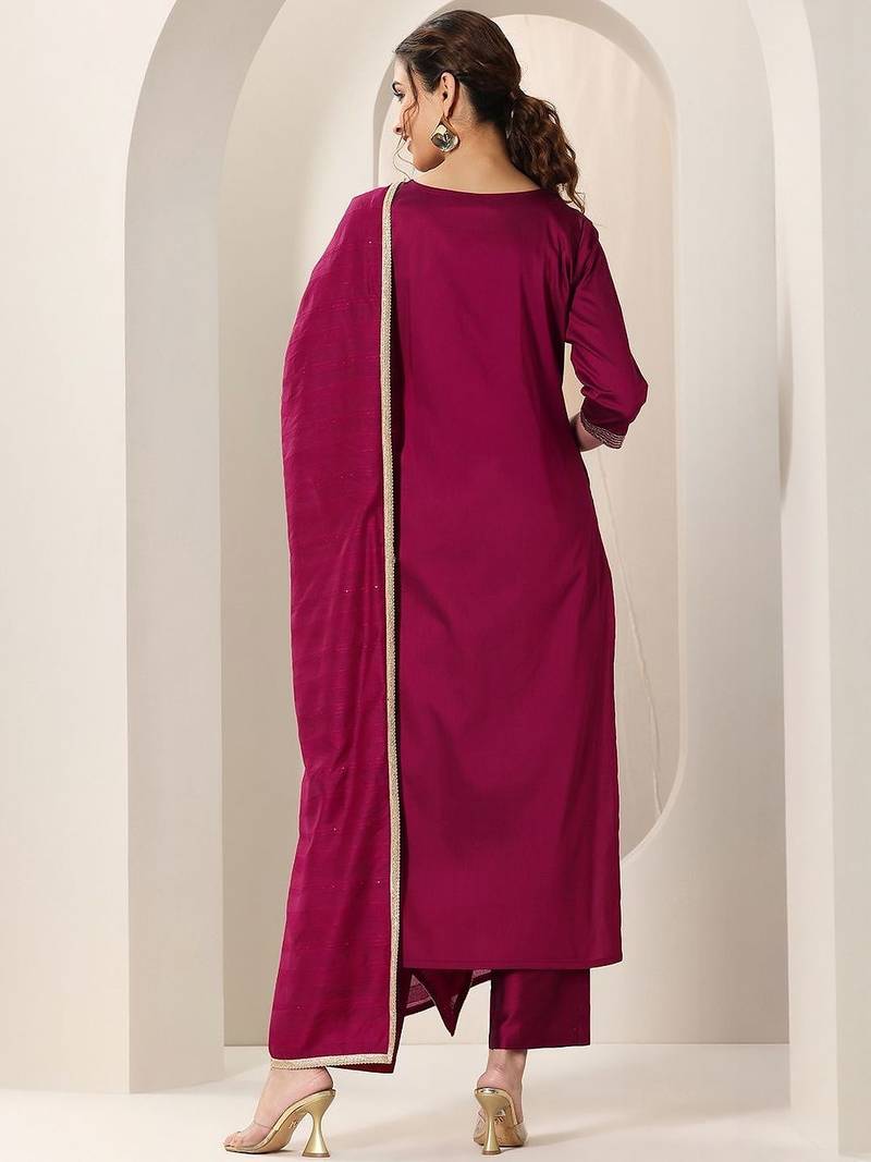 Ethnic Motifs Embroidered Straight Kurta With Trousers & Dupatta