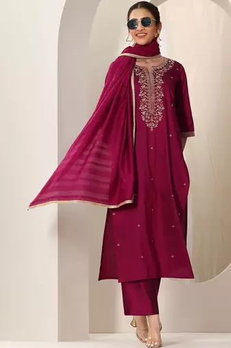 Ethnic Motifs Embroidered Straight Kurta With Trousers & Dupatta