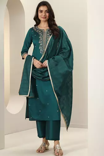 Floral Embroidered Notch Neck Sequinned Straight Kurta With Trousers & Dupatta