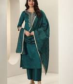 Floral Embroidered Notch Neck Sequinned Straight Kurta With Trousers & Dupatta