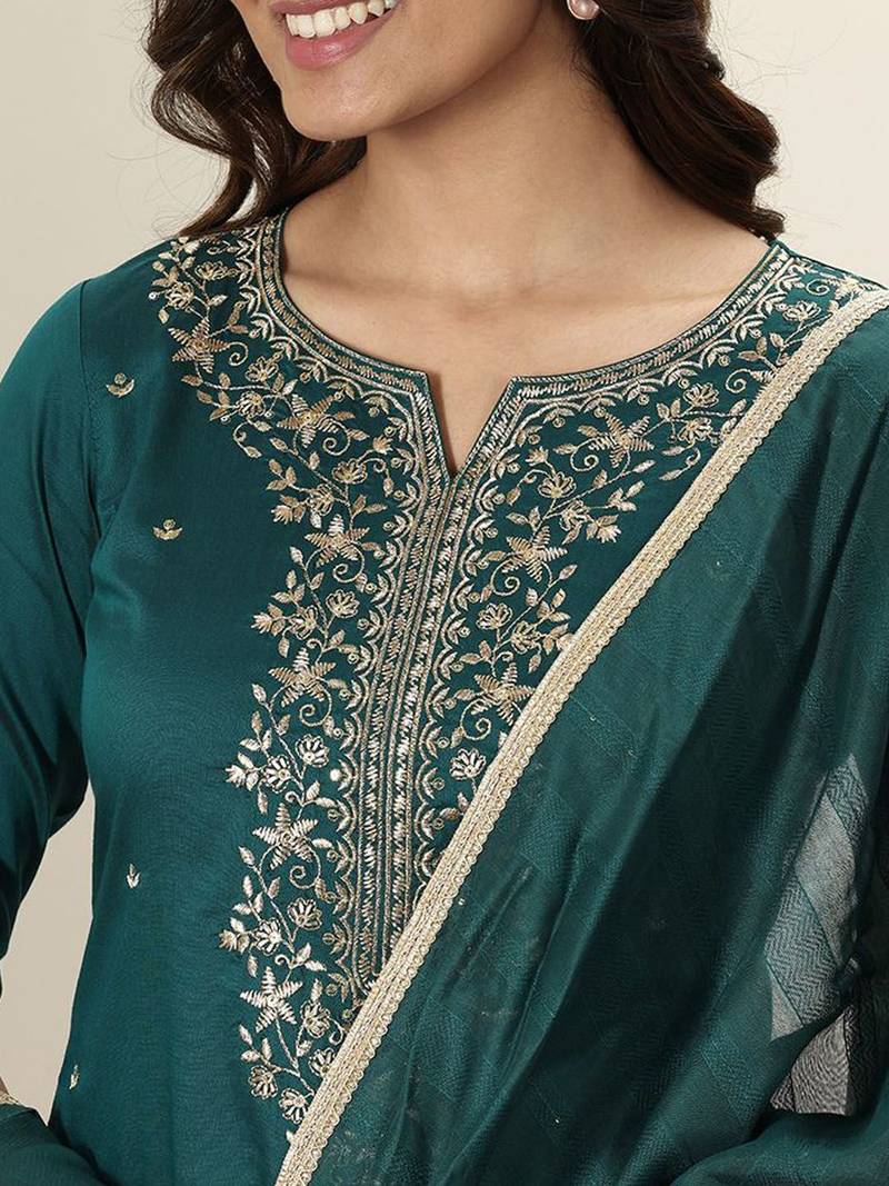 Floral Embroidered Notch Neck Sequinned Straight Kurta With Trousers & Dupatta