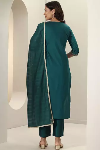 Floral Embroidered Notch Neck Sequinned Straight Kurta With Trousers & Dupatta