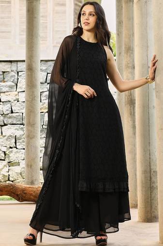 Floral Black Halter Neck Sleeveless A-Line Kurta With Palazzos & Dupatta Set