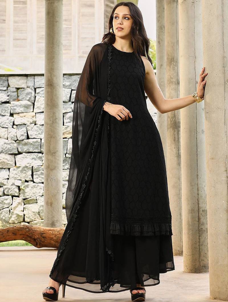 Floral Black Halter Neck Sleeveless A-Line Kurta With Palazzos & Dupatta Set