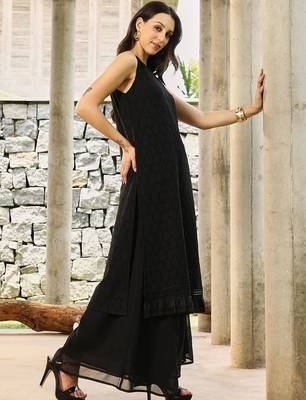 Floral Black Halter Neck Sleeveless A-Line Kurta With Palazzos & Dupatta Set 3