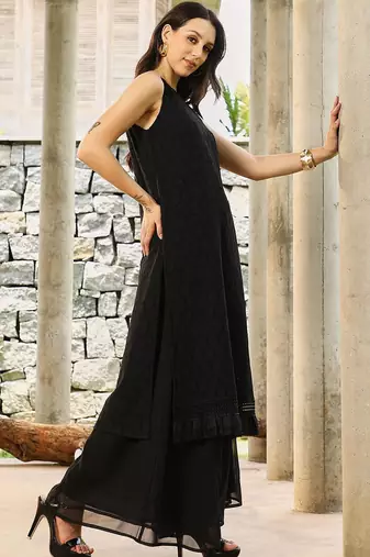 Floral Black Halter Neck Sleeveless A-Line Kurta With Palazzos & Dupatta Set