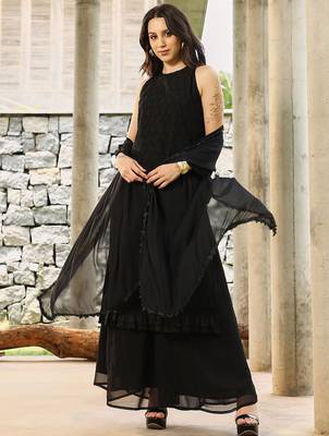 Floral Black Halter Neck Sleeveless A-Line Kurta With Palazzos & Dupatta Set 4