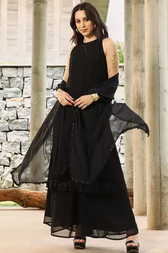 Floral Black Halter Neck Sleeveless A-Line Kurta With Palazzos & Dupatta Set