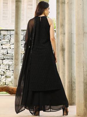 Floral Black Halter Neck Sleeveless A-Line Kurta With Palazzos & Dupatta Set 5
