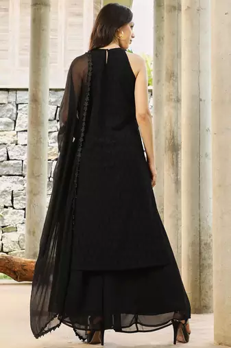 Floral Black Halter Neck Sleeveless A-Line Kurta With Palazzos & Dupatta Set