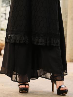 Floral Black Halter Neck Sleeveless A-Line Kurta With Palazzos & Dupatta Set 7