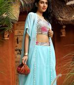 Blue Embroidered Square Neck Top With Shrug & Palazzos Flared Co-Ords