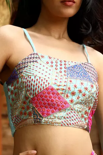 Blue Embroidered Square Neck Top With Shrug & Palazzos Flared Co-Ords