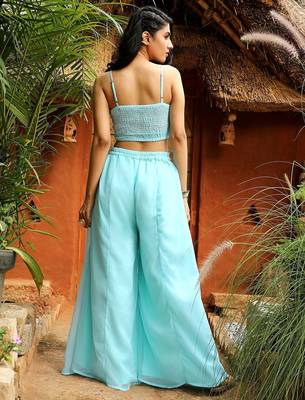 Blue Embroidered Square Neck Top With Shrug & Palazzos Flared Co-Ords 4