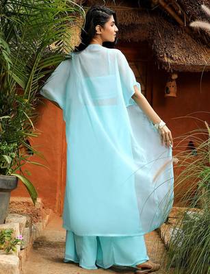Blue Embroidered Square Neck Top With Shrug & Palazzos Flared Co-Ords 5