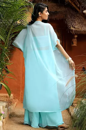 Blue Embroidered Square Neck Top With Shrug & Palazzos Flared Co-Ords