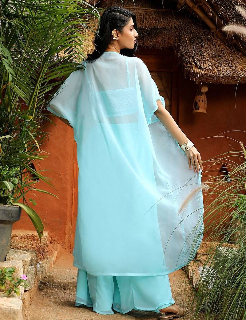 Blue Embroidered Square Neck Top With Shrug & Palazzos Flared Co-Ords