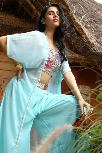Blue Embroidered Square Neck Top With Shrug & Palazzos Flared Co-Ords