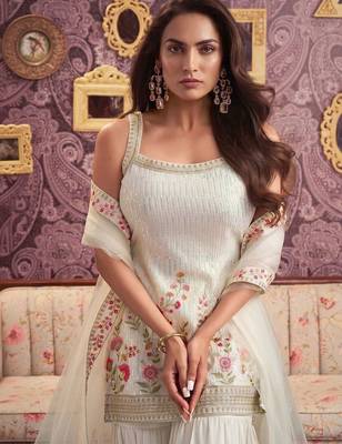 Floral Embroidered Georgette Sequinned Straight Kurti & Sharara with Dupatta 1
