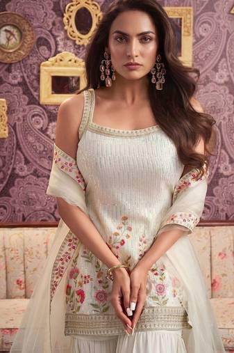 Floral Embroidered Georgette Sequinned Straight Kurti & Sharara with Dupatta