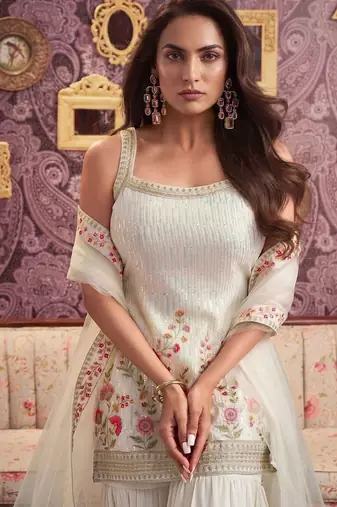 Floral Embroidered Georgette Sequinned Straight Kurti & Sharara with Dupatta
