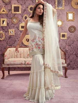 Floral Embroidered Georgette Sequinned Straight Kurti & Sharara with Dupatta 2