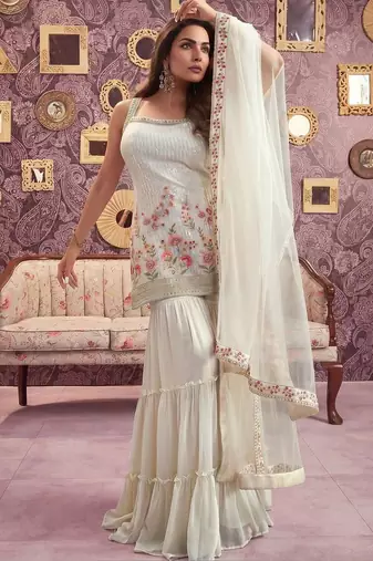 Floral Embroidered Georgette Sequinned Straight Kurti & Sharara with Dupatta