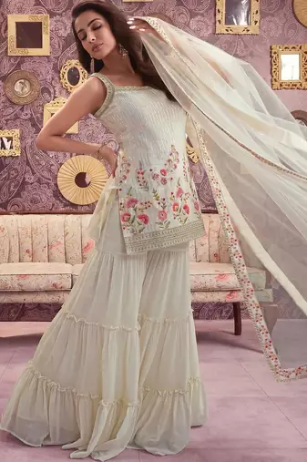 Floral Embroidered Georgette Sequinned Straight Kurti & Sharara with Dupatta