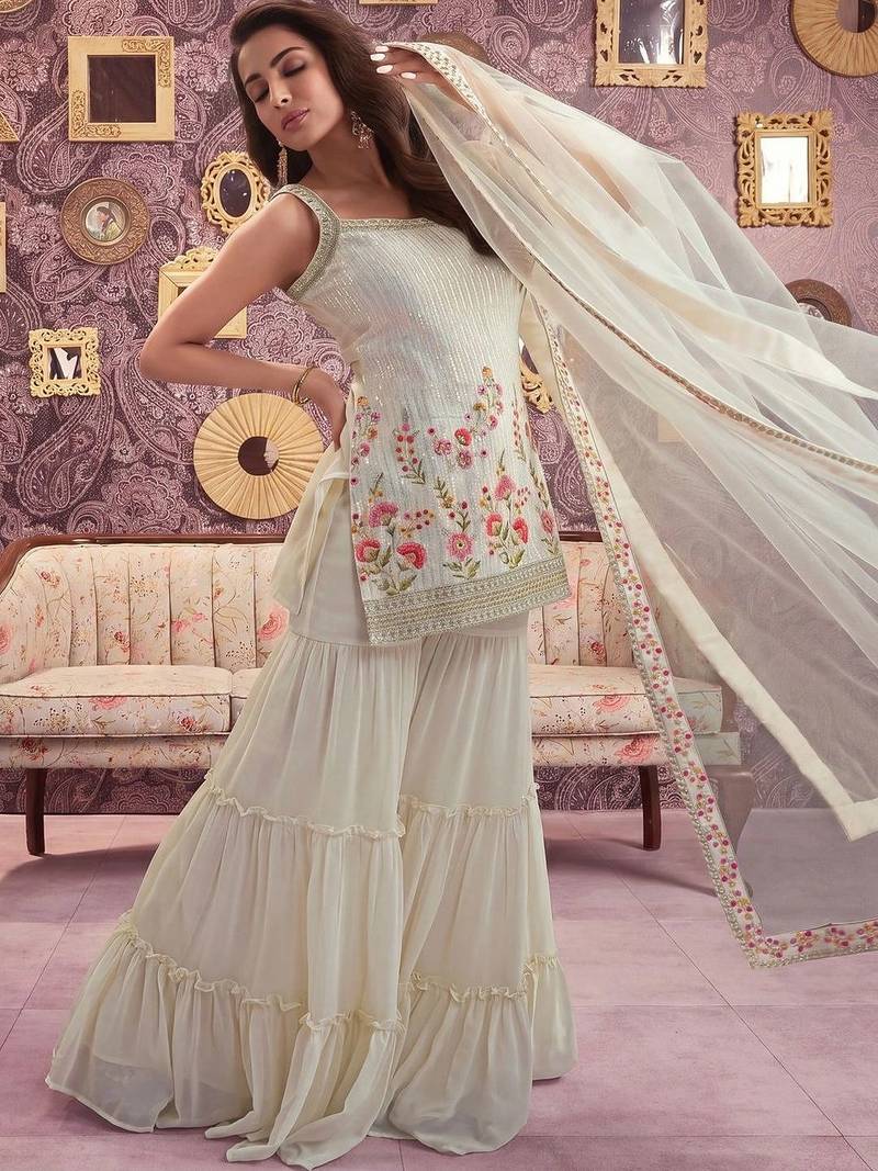Floral Embroidered Georgette Sequinned Straight Kurti & Sharara with Dupatta