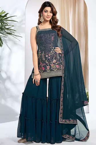 Women Floral Embroidered Regular Thread Work Kurta with Sharara & With Dupatta