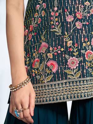 Women Floral Embroidered Regular Thread Work Kurta with Sharara & With Dupatta 2