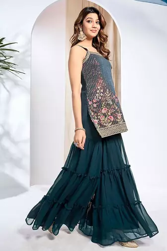Women Floral Embroidered Regular Thread Work Kurta with Sharara & With Dupatta