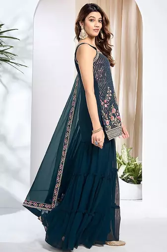 Women Floral Embroidered Regular Thread Work Kurta with Sharara & With Dupatta