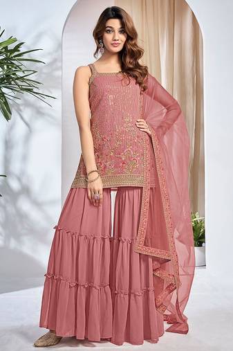 Women Floral Embroidered Regular Thread Work Kurta with Sharara & With Dupatta