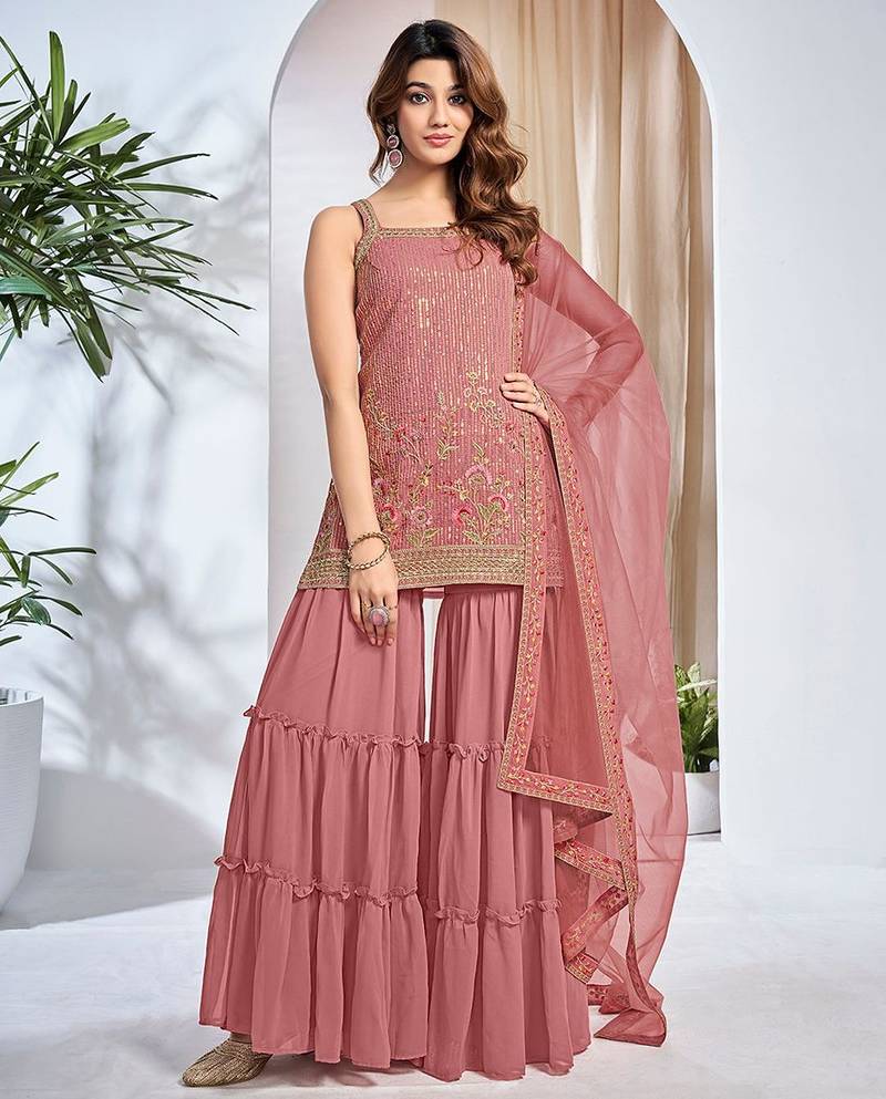 Women Floral Embroidered Regular Thread Work Kurta with Sharara & With Dupatta