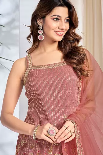 Women Floral Embroidered Regular Thread Work Kurta with Sharara & With Dupatta