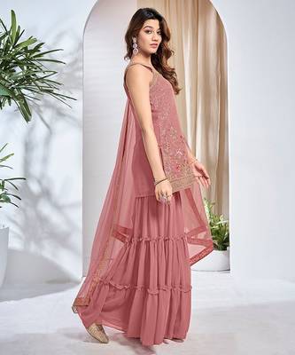 Women Floral Embroidered Regular Thread Work Kurta with Sharara & With Dupatta 4