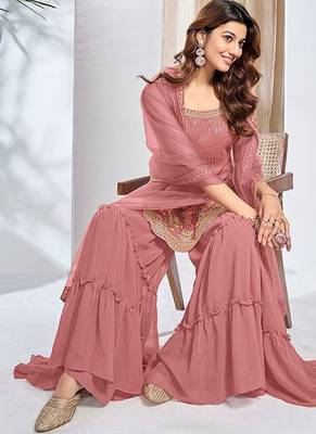 Women Floral Embroidered Regular Thread Work Kurta with Sharara & With Dupatta 5