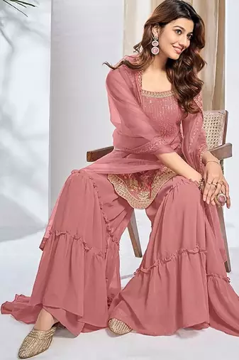 Women Floral Embroidered Regular Thread Work Kurta with Sharara & With Dupatta