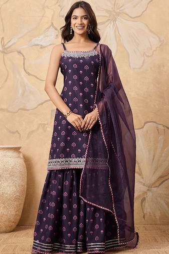Floral Printed Sleeveless Kurta with Sharara With Dupatta