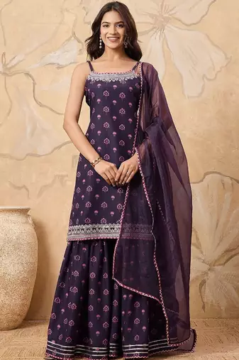 Floral Printed Sleeveless Kurta with Sharara With Dupatta