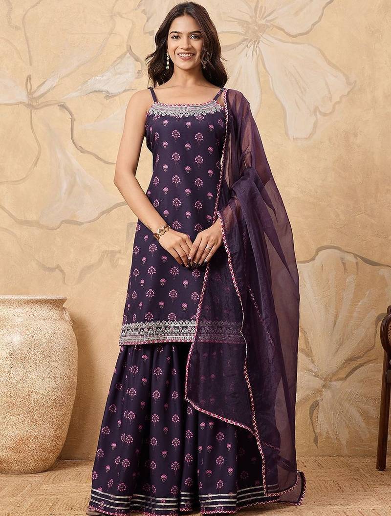 Floral Printed Sleeveless Kurta with Sharara With Dupatta
