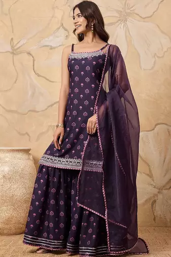 Floral Printed Sleeveless Kurta with Sharara With Dupatta