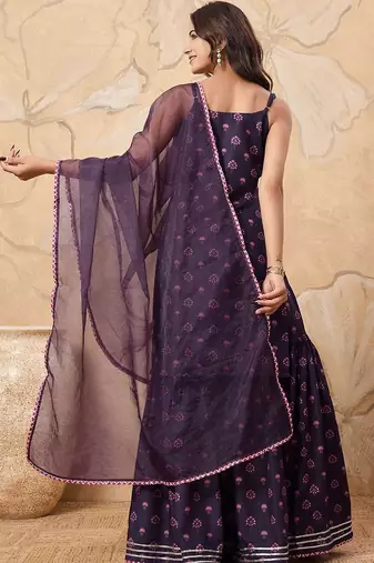 Floral Printed Sleeveless Kurta with Sharara With Dupatta