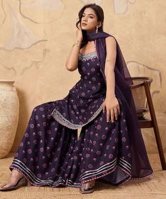 Floral Printed Sleeveless Kurta with Sharara With Dupatta 5