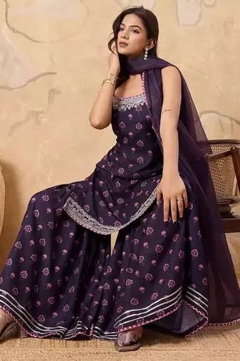 Floral Printed Sleeveless Kurta with Sharara With Dupatta